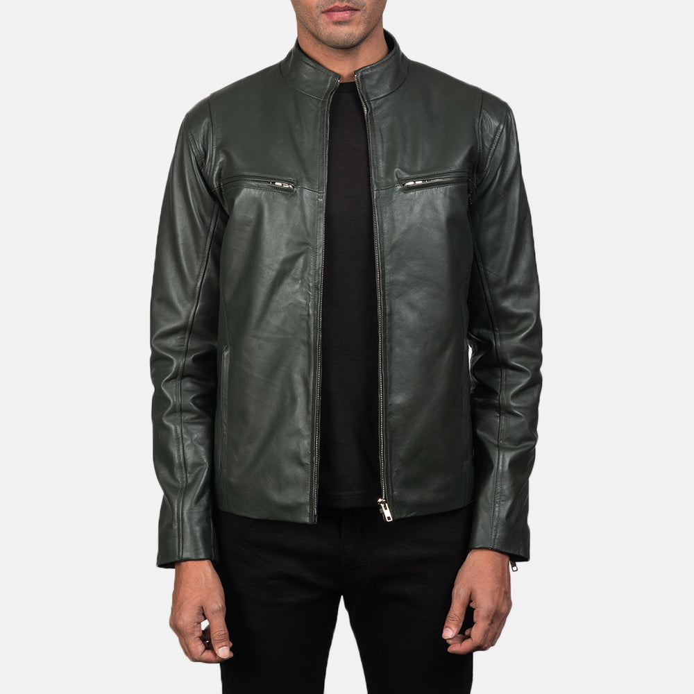 Ionic Green Leather Biker Jacket - men's jacket in green sheepskin leather, view 1