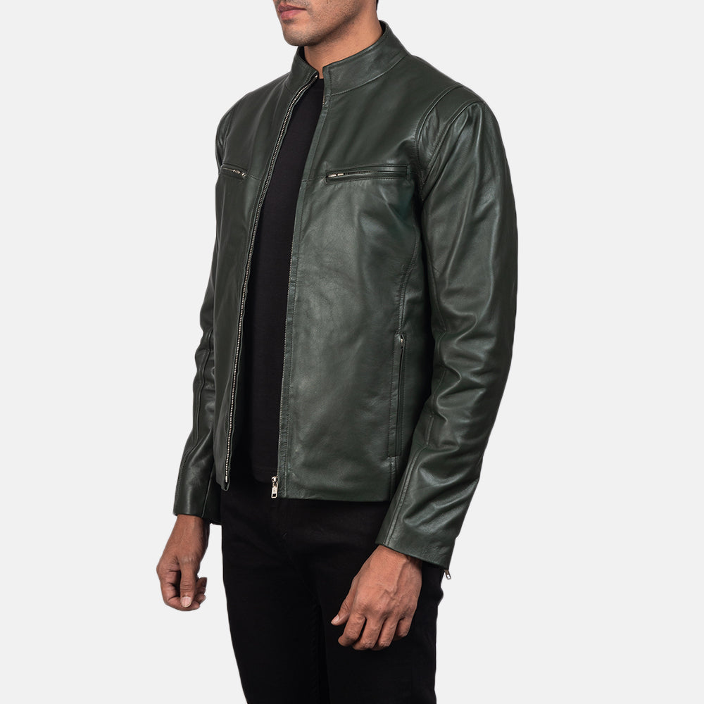Ionic Green Leather Biker Jacket - men's jacket in green sheepskin leather, view 2
