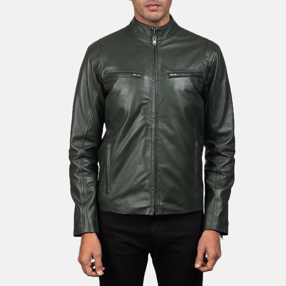 Ionic Green Leather Biker Jacket - men's jacket in green sheepskin leather, view 3