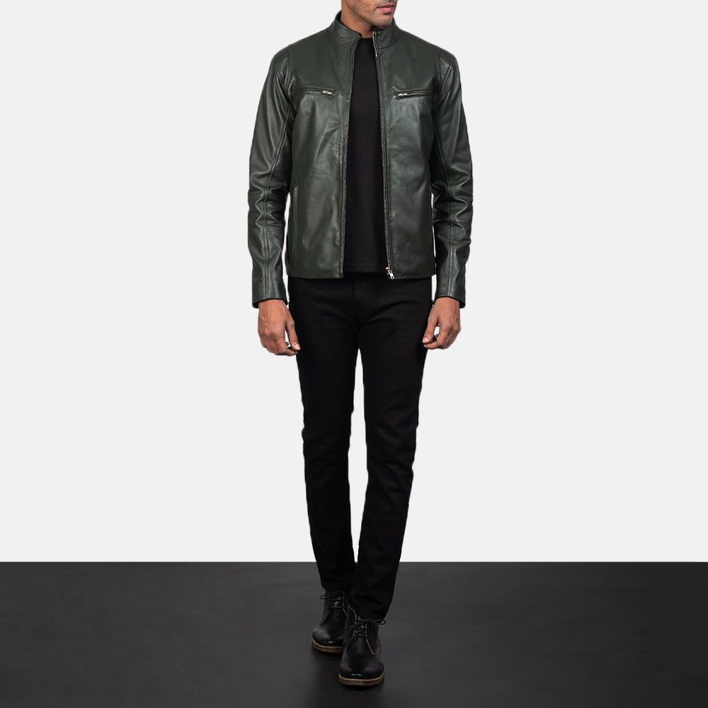 Ionic Green Leather Biker Jacket - men's jacket in green sheepskin leather, view 4