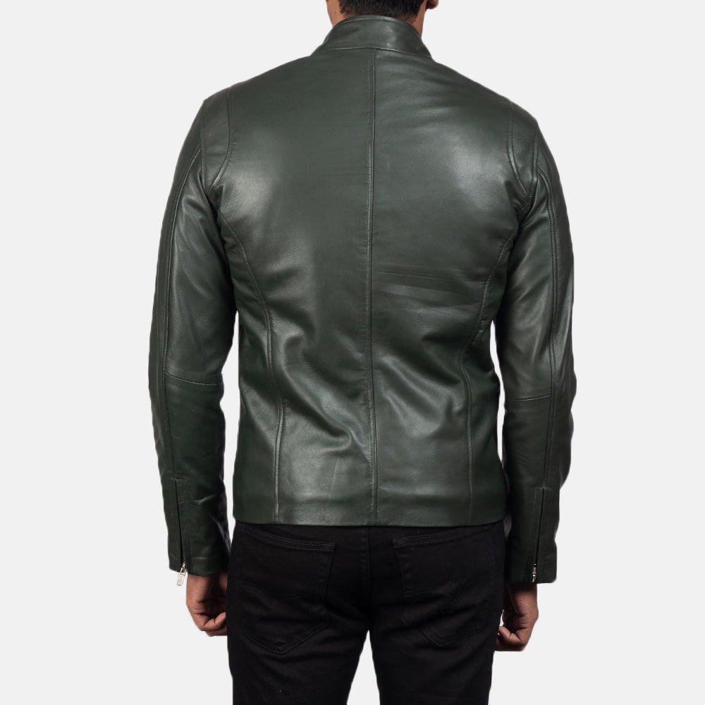 Ionic Green Leather Biker Jacket - men's jacket in green sheepskin leather, view 5