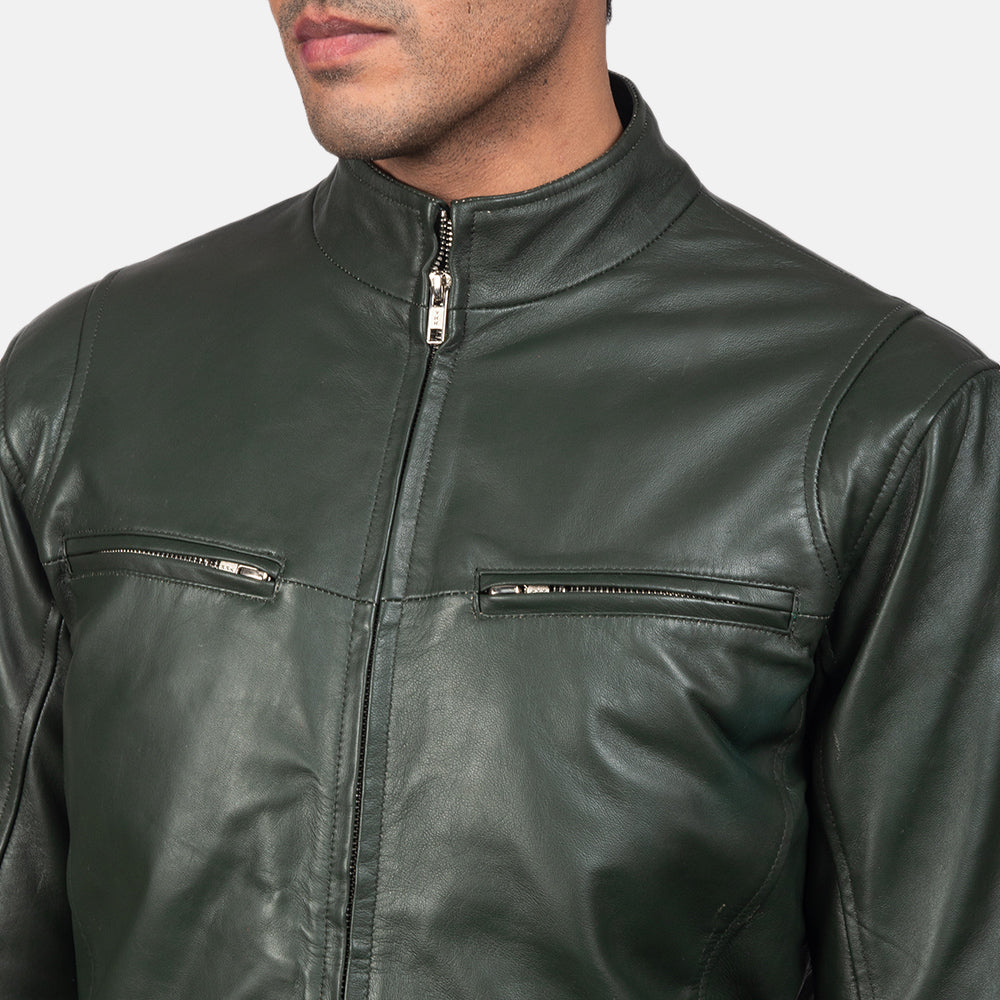 Ionic Green Leather Biker Jacket - men's jacket in green sheepskin leather, view 6