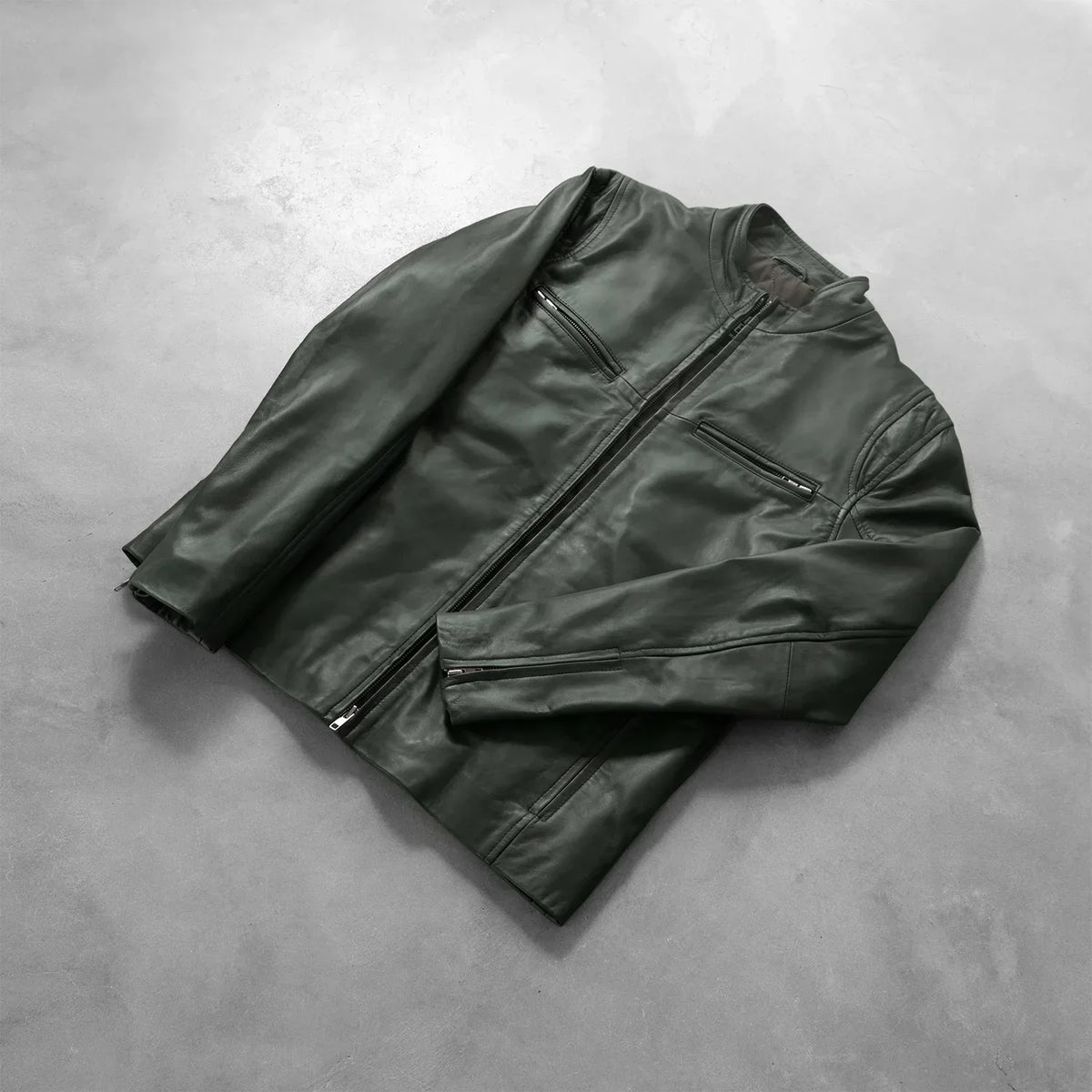 Ionic Green Leather Biker Jacket - men's jacket in green sheepskin leather, view 7