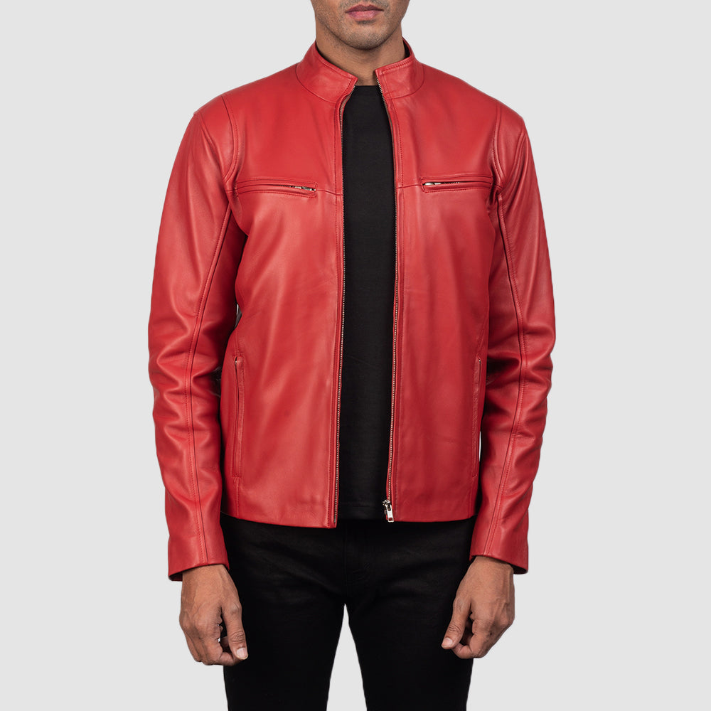 Ionic Red Leather Biker Jacket - men's jacket in red sheepskin leather, view 1