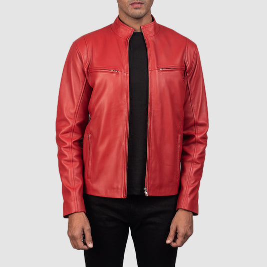 Ionic Red Leather Biker Jacket - men's jacket in red sheepskin leather, view 1