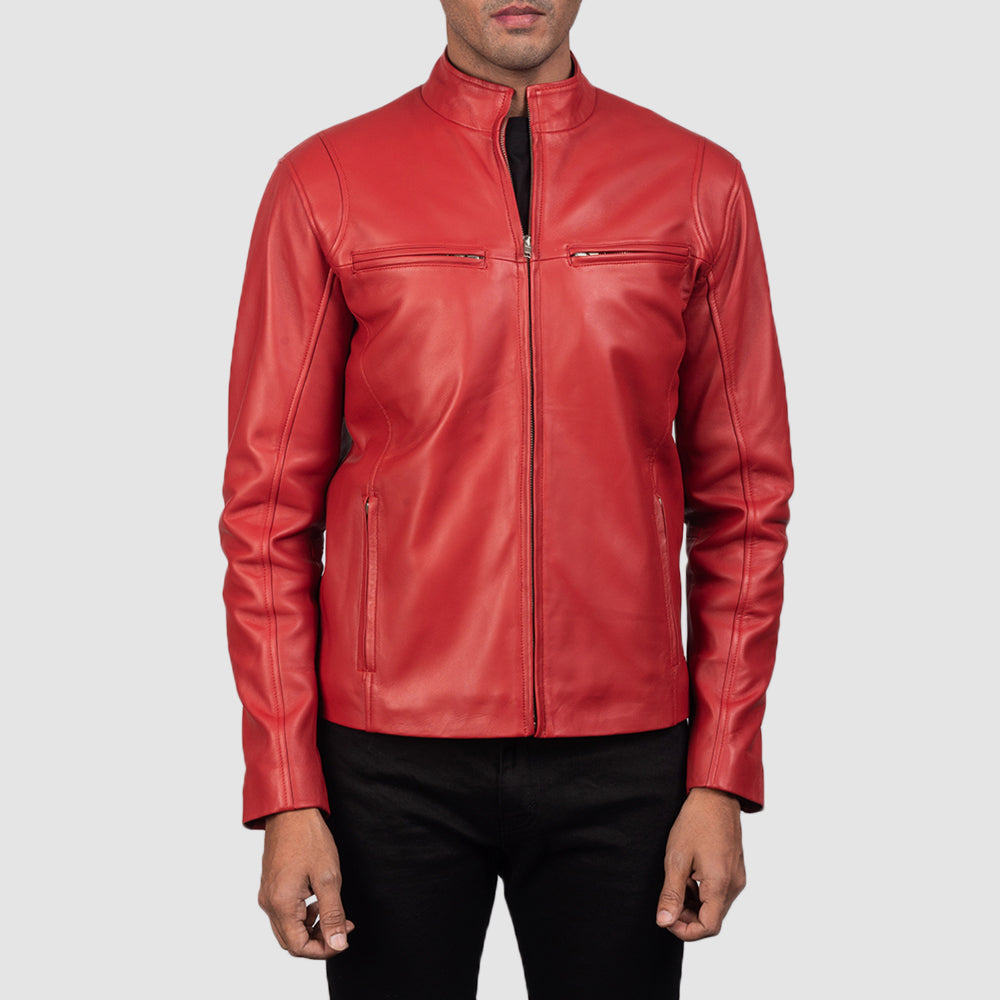 Ionic Red Leather Biker Jacket - men's jacket in red sheepskin leather, view 3