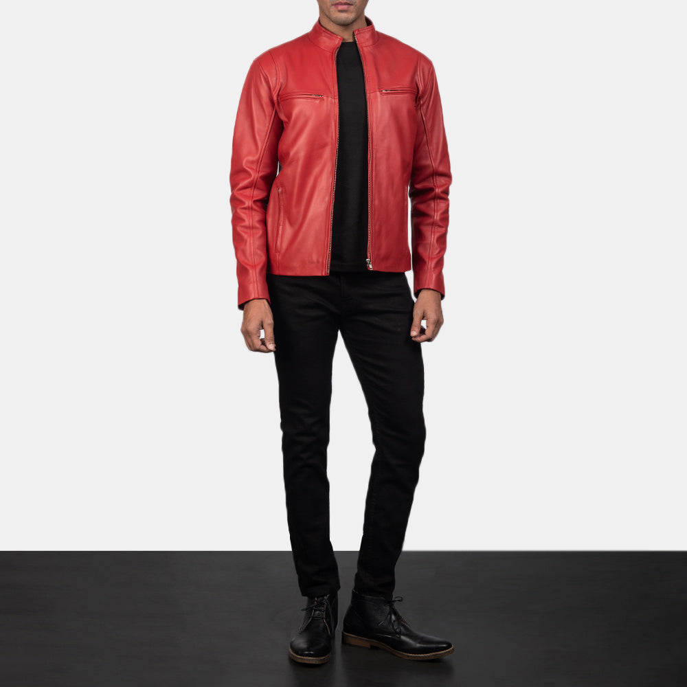 Ionic Red Leather Biker Jacket - men's jacket in red sheepskin leather, view 4