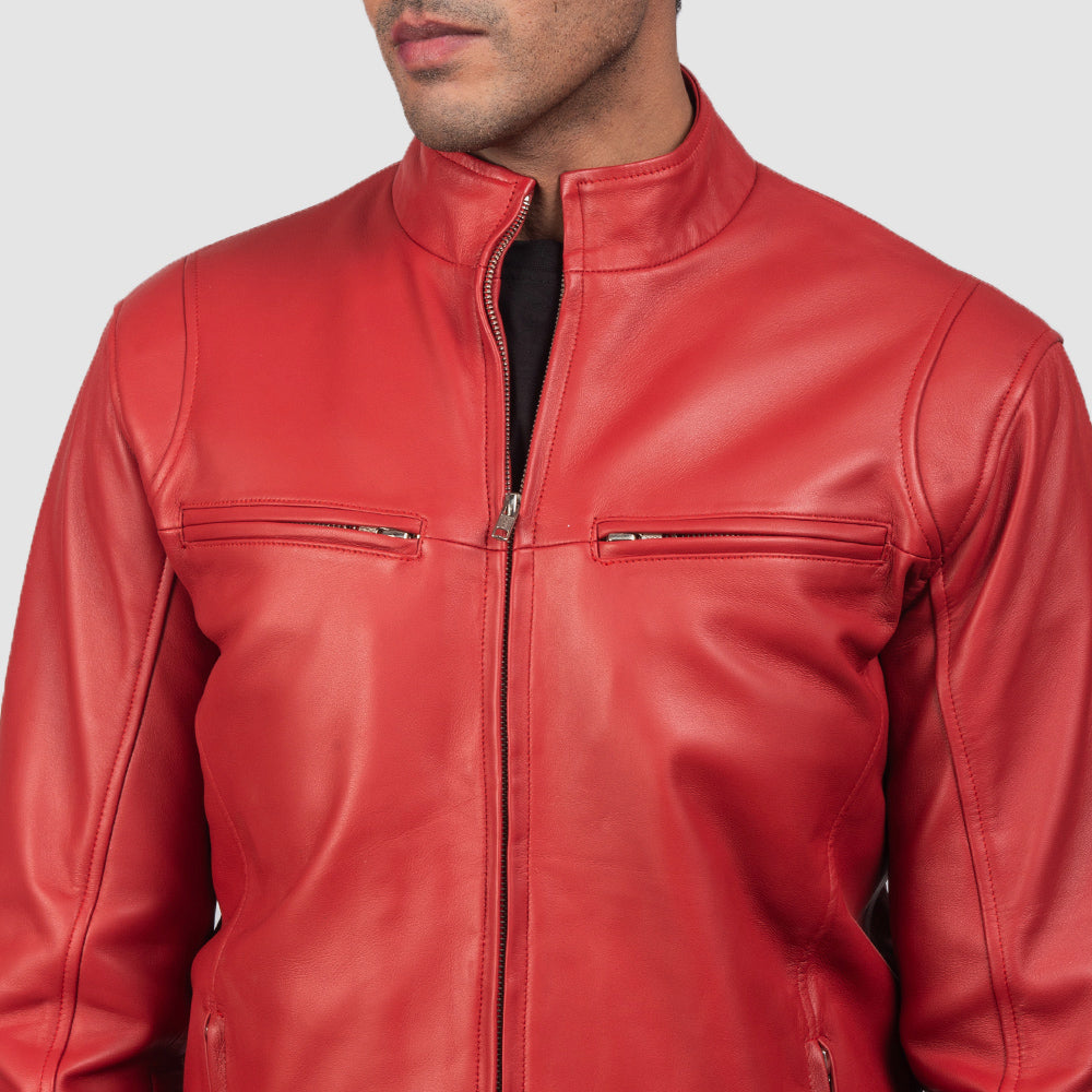 Ionic Red Leather Biker Jacket - men's jacket in red sheepskin leather, view 5