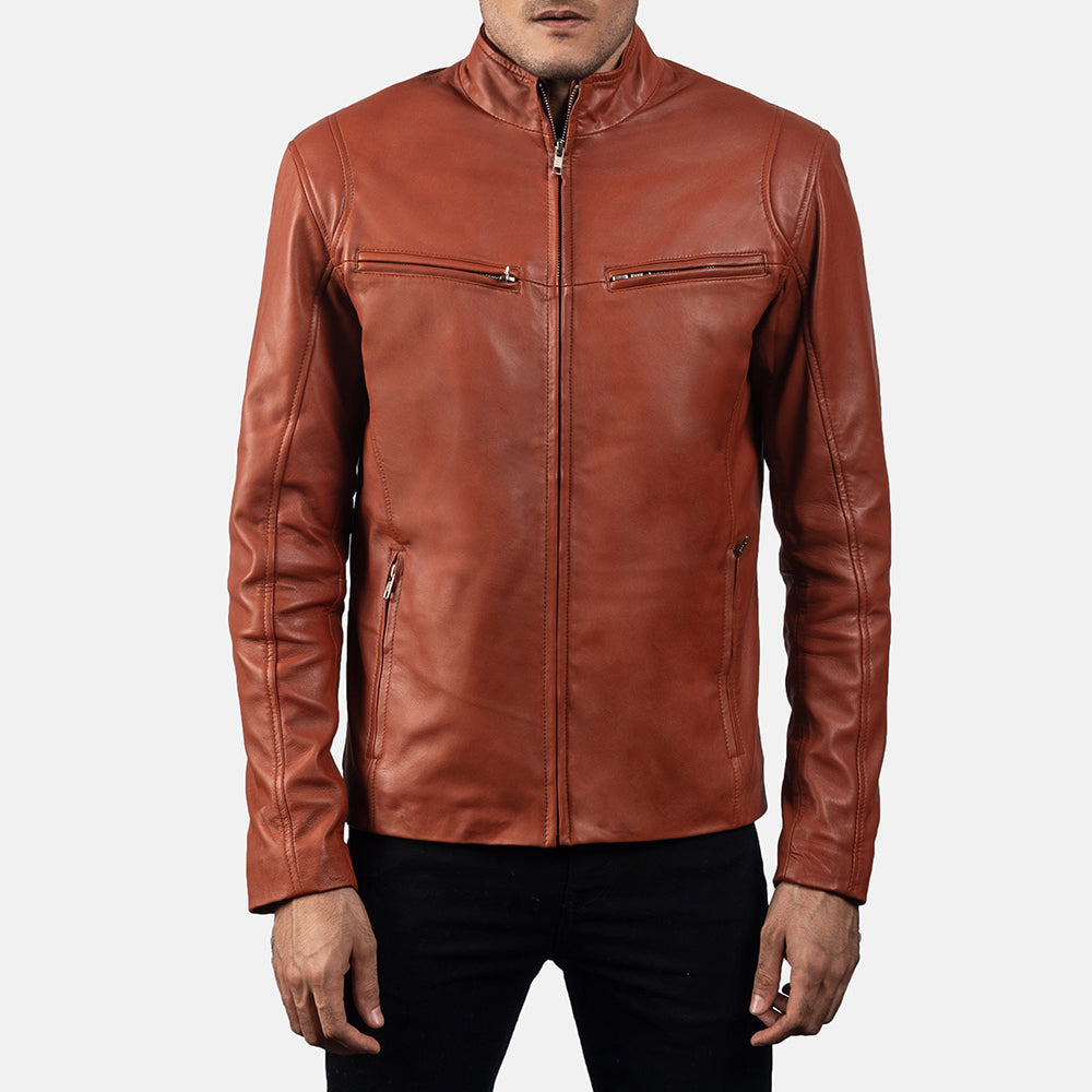 Ionic Tan Brown Leather Biker Jacket - men's jacket in brown & tan sheepskin leather, view 1