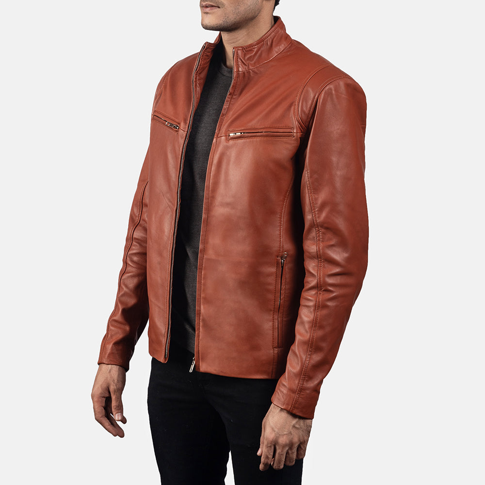 Ionic Tan Brown Leather Biker Jacket - men's jacket in brown & tan sheepskin leather, view 2