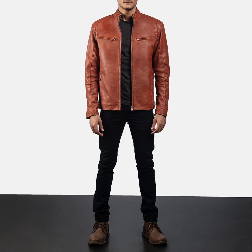 Ionic Tan Brown Leather Biker Jacket - men's jacket in brown & tan sheepskin leather, view 3