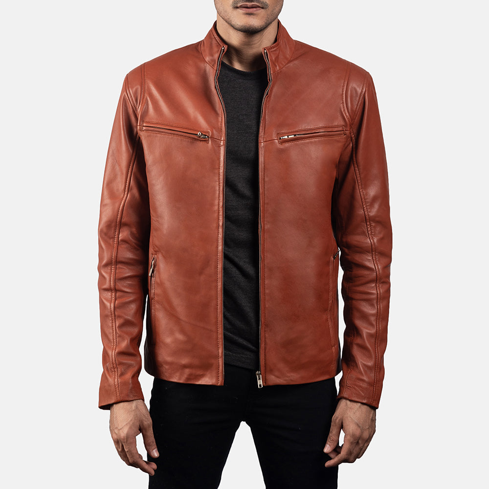 Ionic Tan Brown Leather Biker Jacket - men's jacket in brown & tan sheepskin leather, view 4