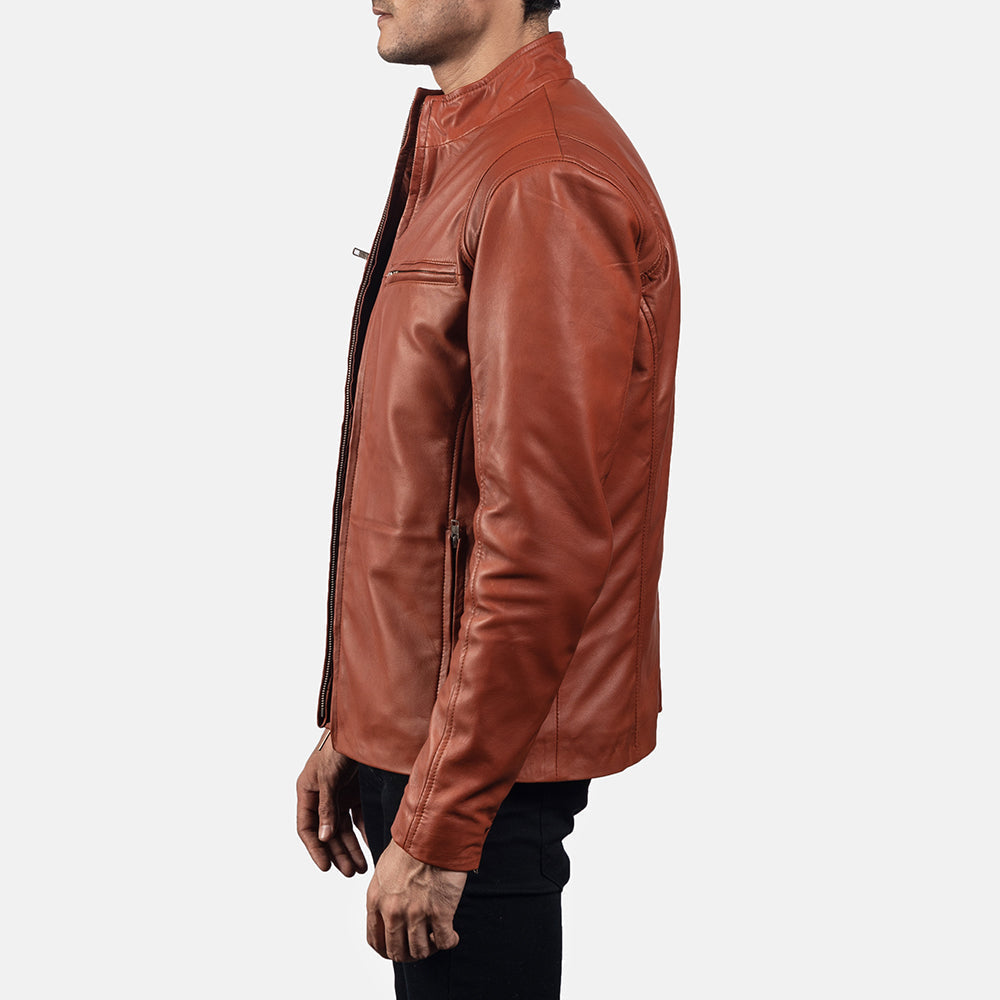 Ionic Tan Brown Leather Biker Jacket - men's jacket in brown & tan sheepskin leather, view 6