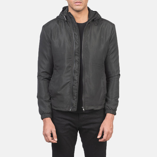 Jimmy Black Hooded Windbreaker Jacket - men's jacket in black nylon-polyester fabric, view 1