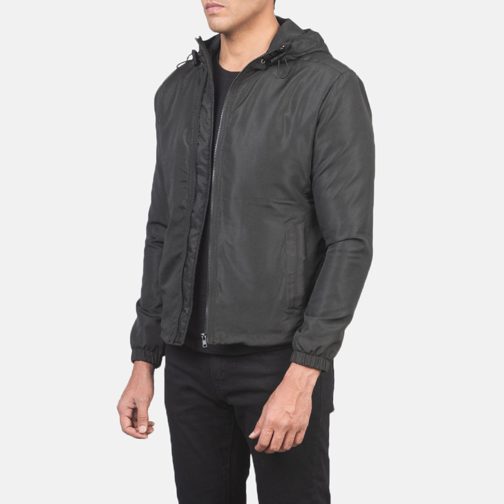 Jimmy Black Hooded Windbreaker Jacket - men's jacket in black nylon-polyester fabric, view 2