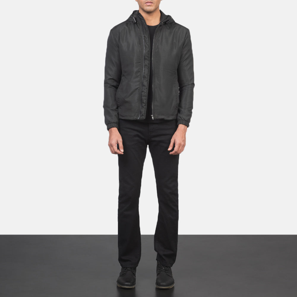 Jimmy Black Hooded Windbreaker Jacket - men's jacket in black nylon-polyester fabric, view 3
