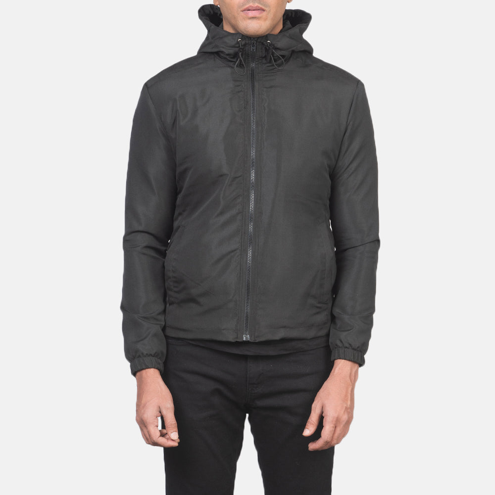 Jimmy Black Hooded Windbreaker Jacket - men's jacket in black nylon-polyester fabric, view 4
