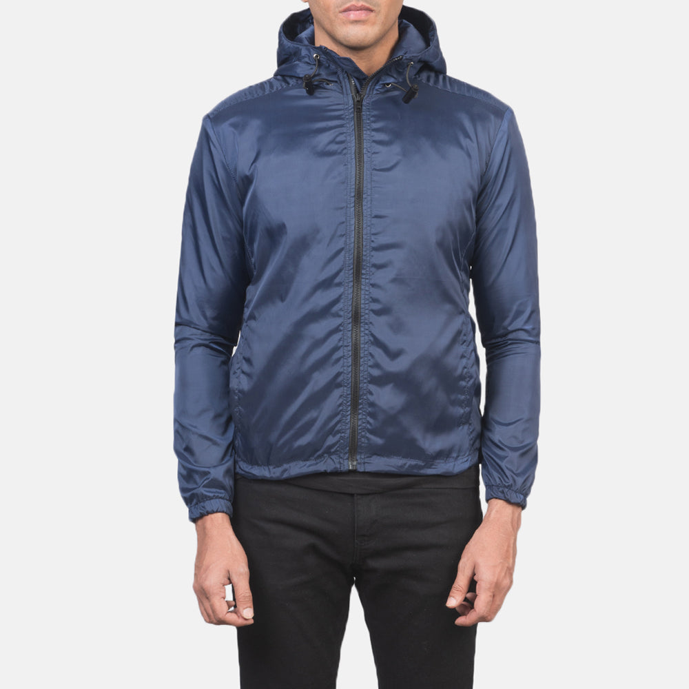 Jimmy Blue Hooded Windbreaker Jacket - men's jacket in blue nylon-polyester fabric, view 1
