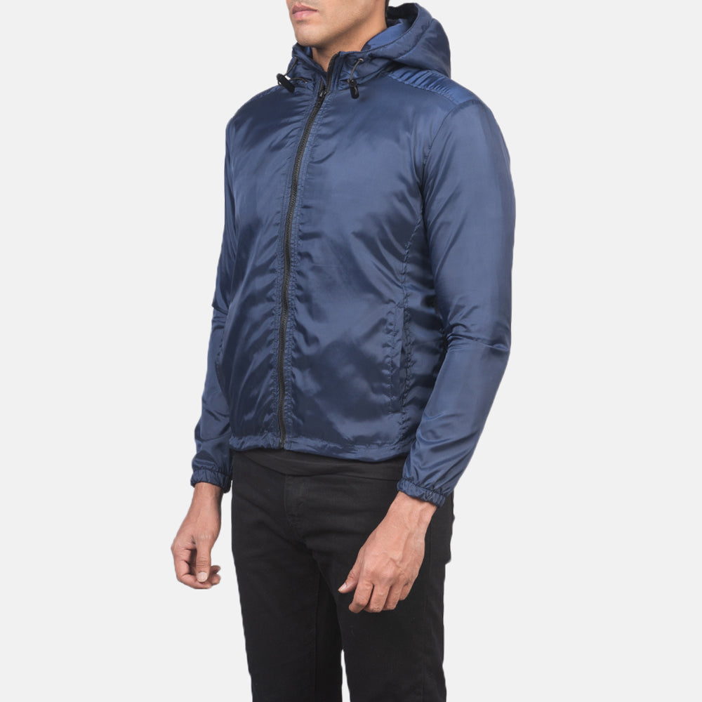 Jimmy Blue Hooded Windbreaker Jacket - men's jacket in blue nylon-polyester fabric, view 2