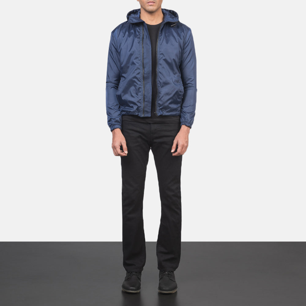 Jimmy Blue Hooded Windbreaker Jacket - men's jacket in blue nylon-polyester fabric, view 3