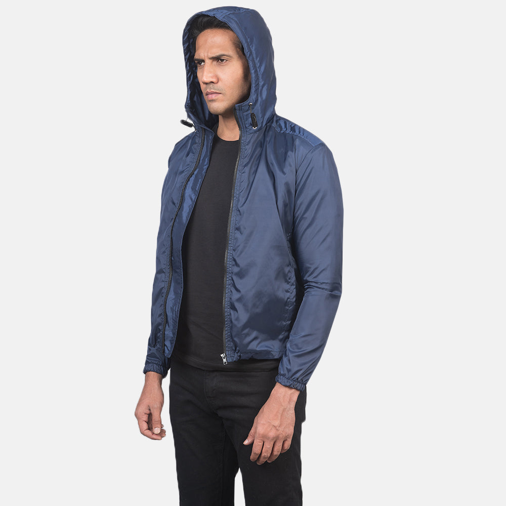 Jimmy Blue Hooded Windbreaker Jacket - men's jacket in blue nylon-polyester fabric, view 4
