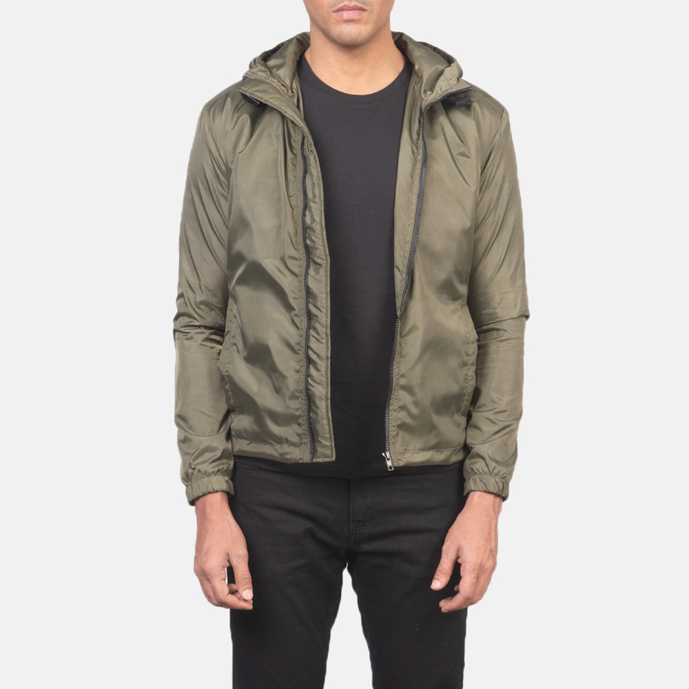 Jimmy Green Hooded Windbreaker Jacket - men's jacket in green premium leather, view 1