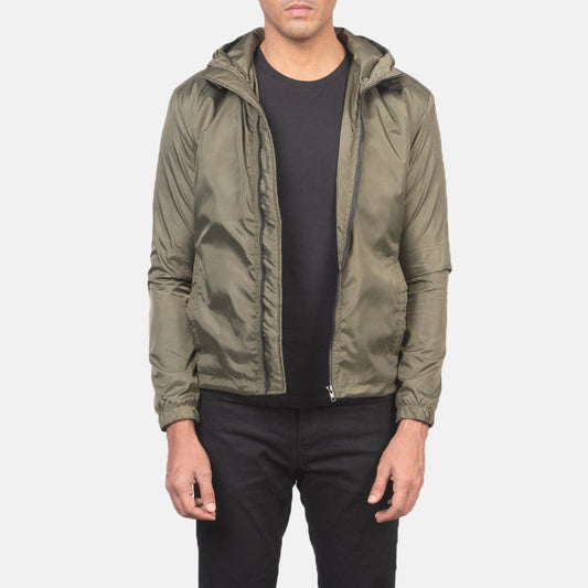 Jimmy Green Hooded Windbreaker Jacket - men's jacket in green premium leather, view 1