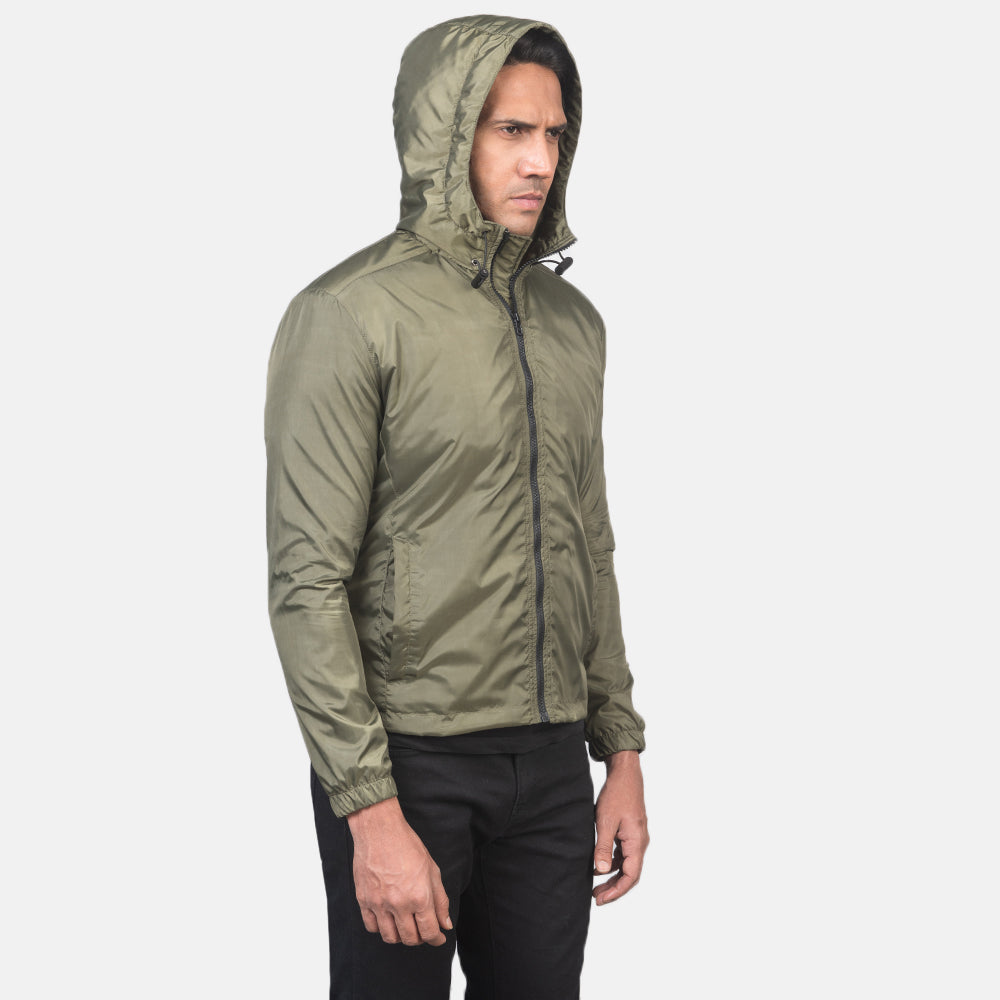 Jimmy Green Hooded Windbreaker Jacket - men's jacket in green premium leather, view 2