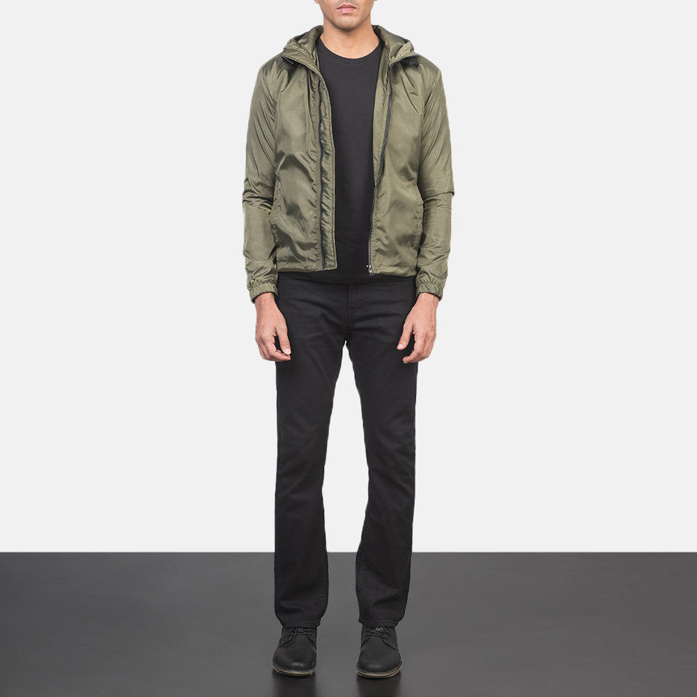 Jimmy Green Hooded Windbreaker Jacket - men's jacket in green premium leather, view 3