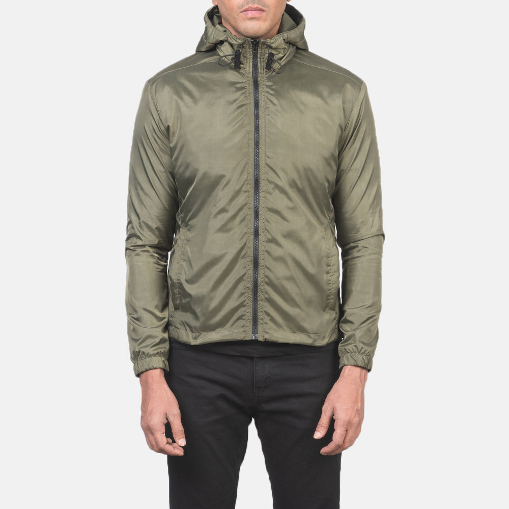Jimmy Green Hooded Windbreaker Jacket - men's jacket in green premium leather, view 4