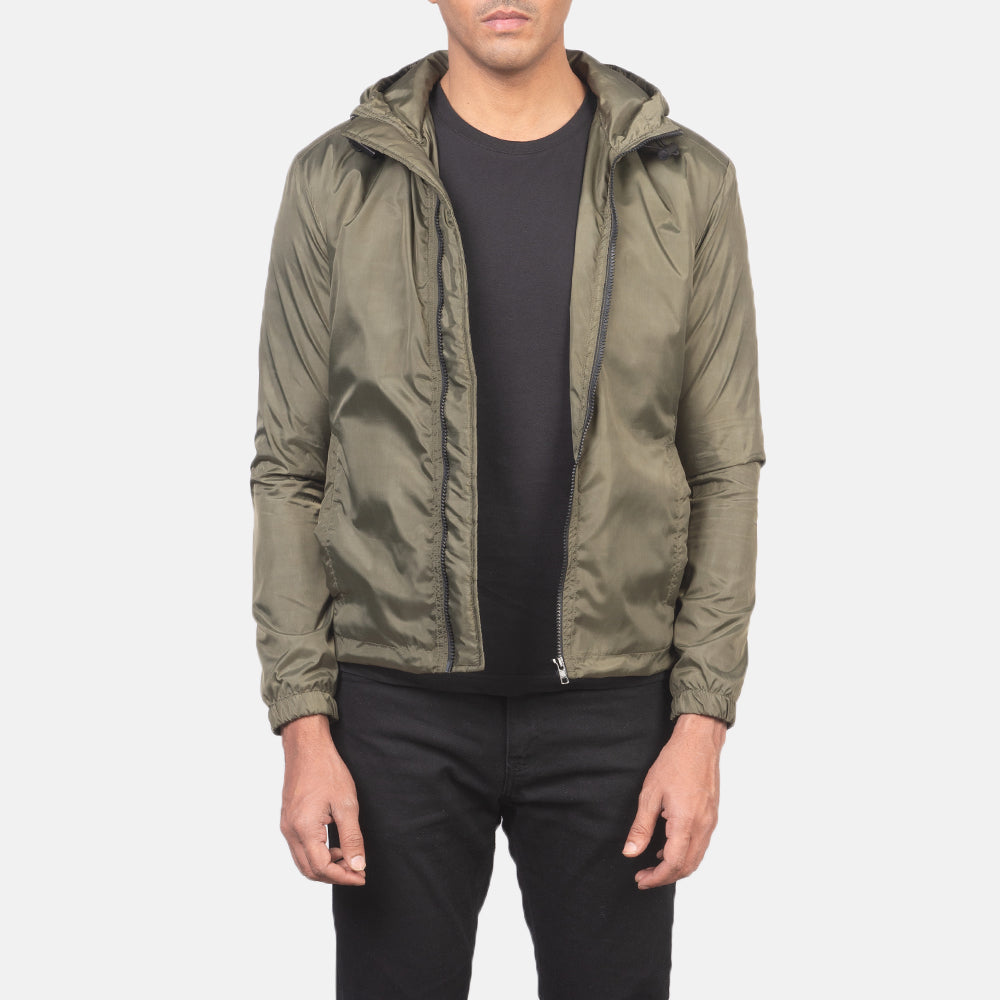 Jimmy Green Hooded Windbreaker Jacket - men's jacket in green premium leather, view 6