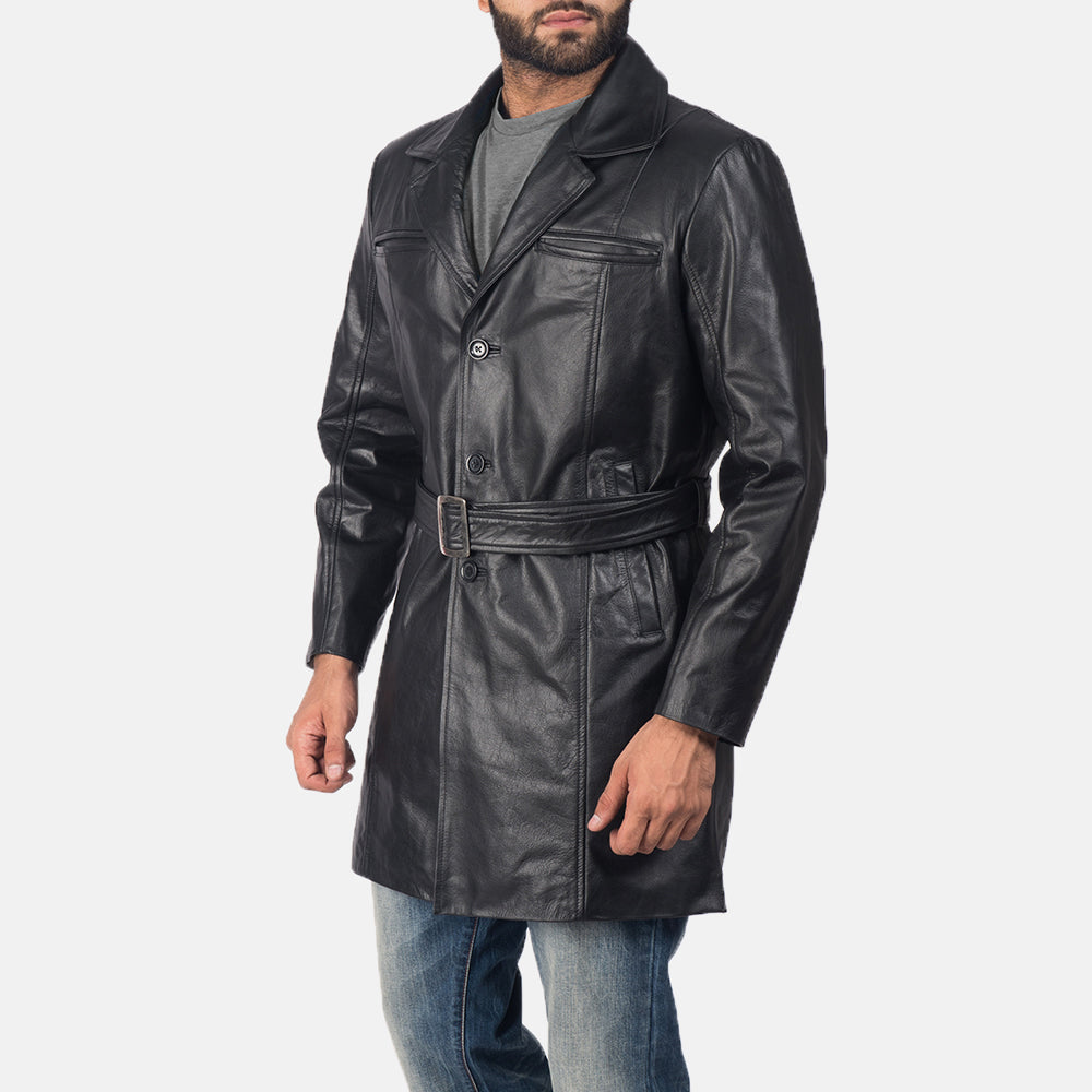 Jordan Black Leather Coat - men's coat in black cowhide leather, view 2