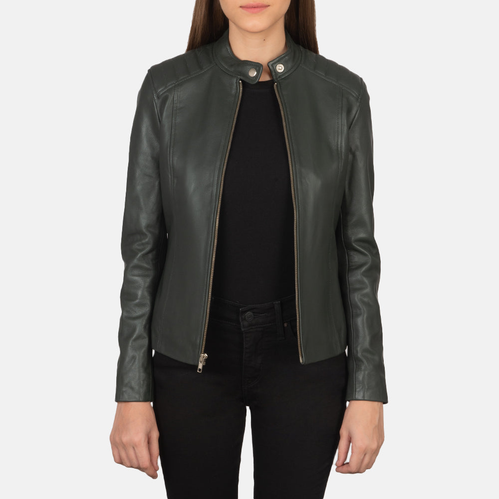 Kelsee Green Leather Biker Jacket - women's jacket in green sheepskin leather, view 1