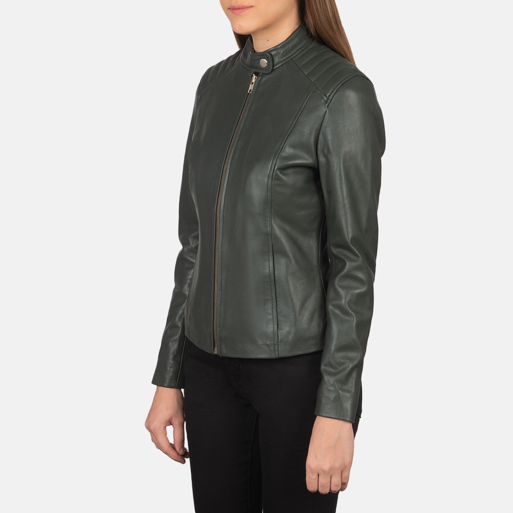 Kelsee Green Leather Biker Jacket - women's jacket in green sheepskin leather, view 2