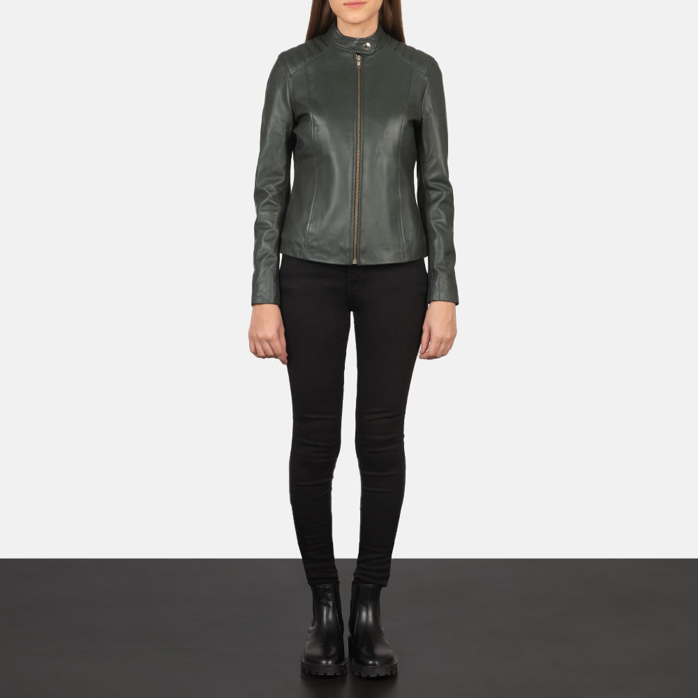 Kelsee Green Leather Biker Jacket - women's jacket in green sheepskin leather, view 3