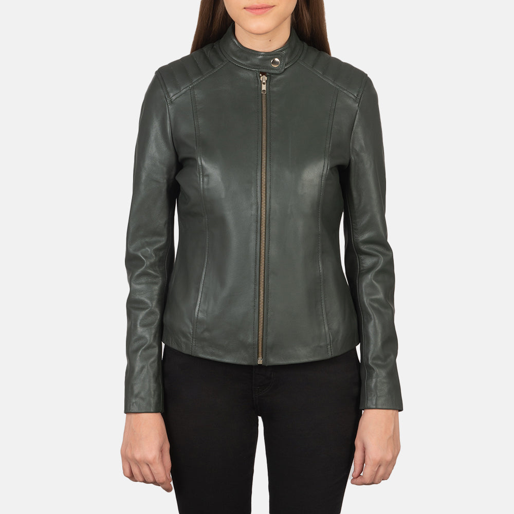 Kelsee Green Leather Biker Jacket - women's jacket in green sheepskin leather, view 4