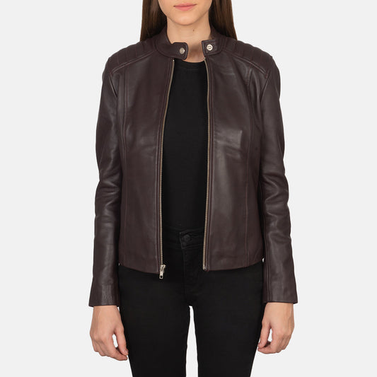 Kelsee Maroon Leather Biker Jacket - women's jacket in maroon sheepskin leather, view 1