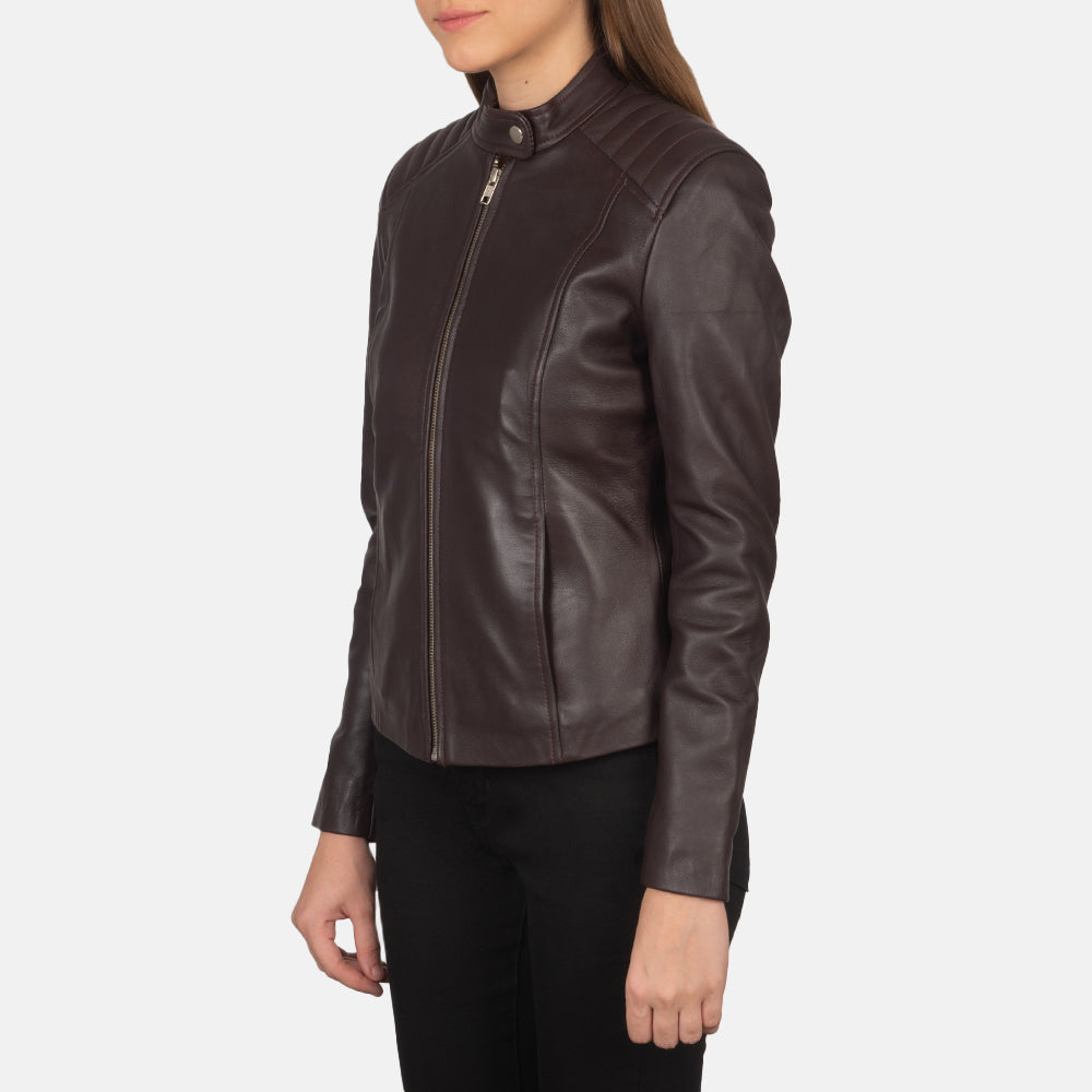 Kelsee Maroon Leather Biker Jacket - women's jacket in maroon sheepskin leather, view 2