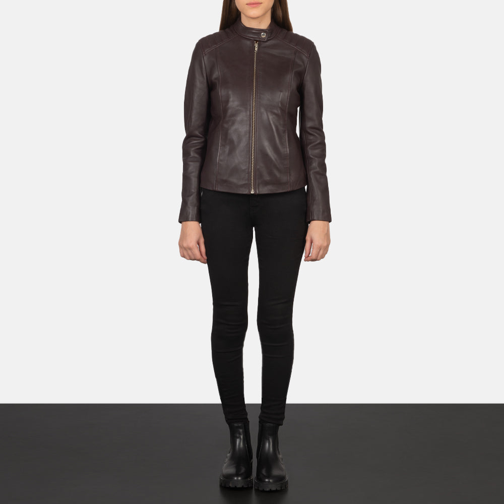 Kelsee Maroon Leather Biker Jacket - women's jacket in maroon sheepskin leather, view 3