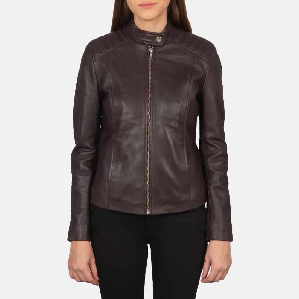 Kelsee Maroon Leather Biker Jacket - women's jacket in maroon sheepskin leather, view 4