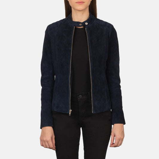 Kelsee Navy Blue Suede Biker Jacket - women's jacket in navy blue suede leather, view 1
