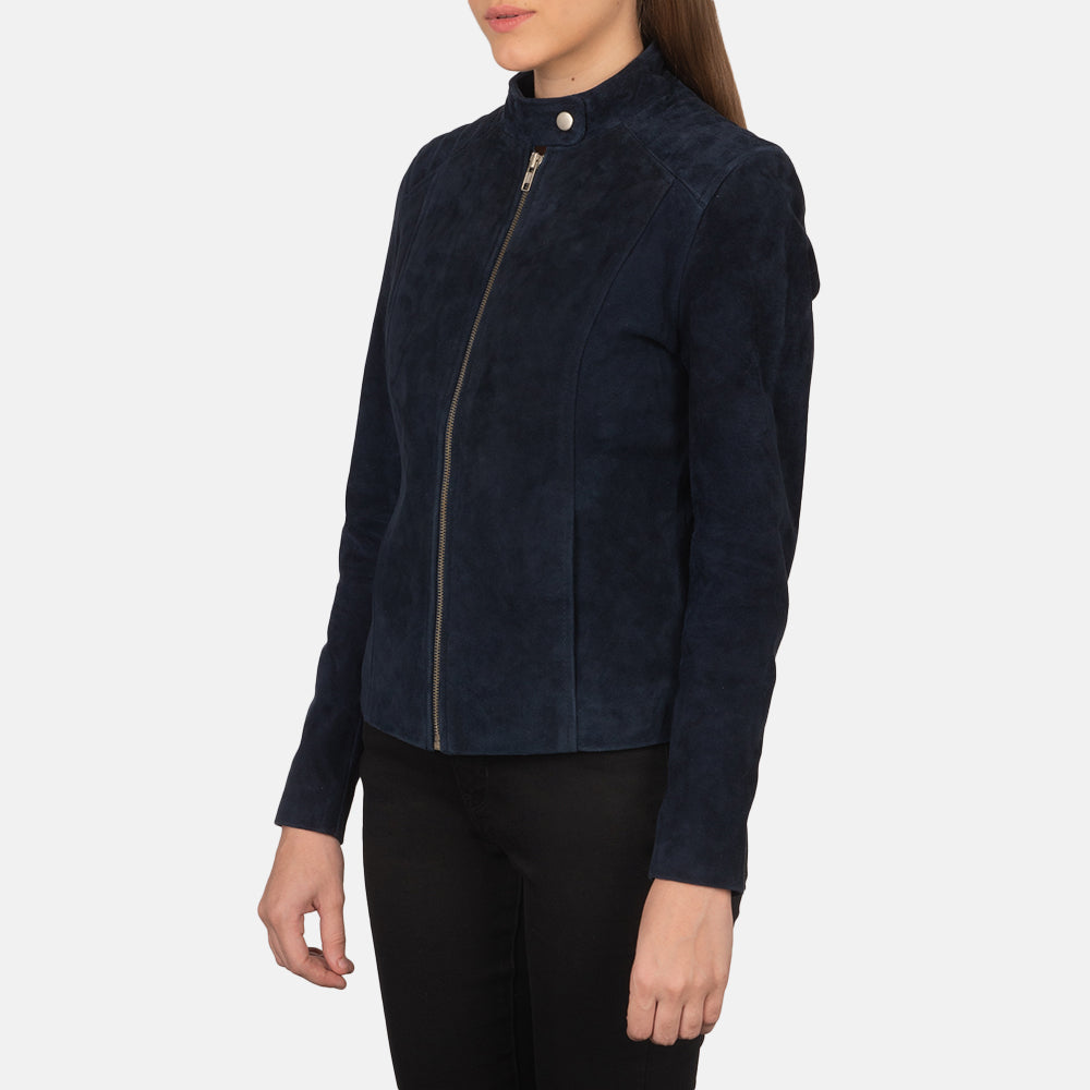 Kelsee Navy Blue Suede Biker Jacket - women's jacket in navy blue suede leather, view 2