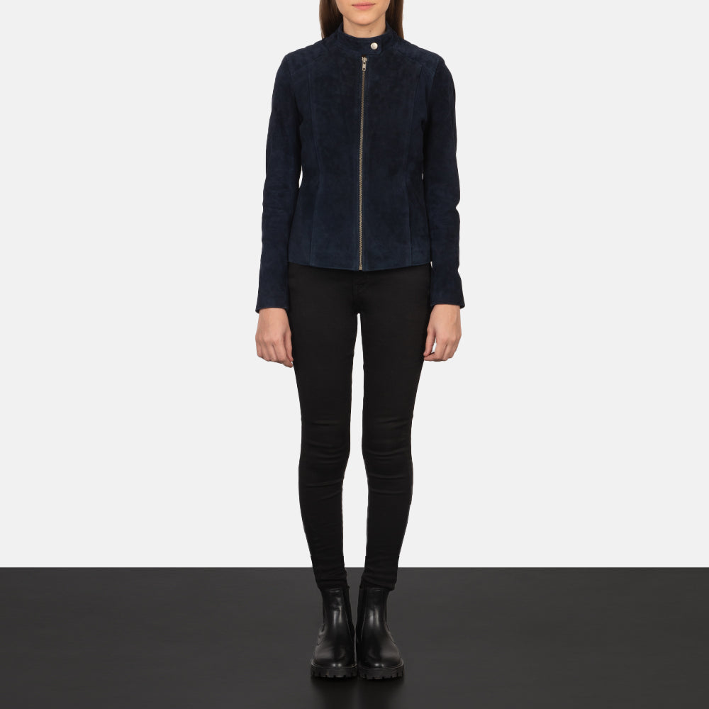 Kelsee Navy Blue Suede Biker Jacket - women's jacket in navy blue suede leather, view 3