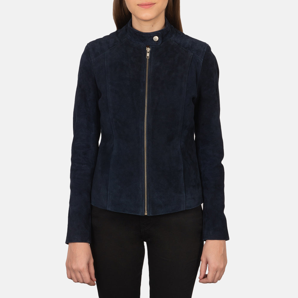Kelsee Navy Blue Suede Biker Jacket - women's jacket in navy blue suede leather, view 4