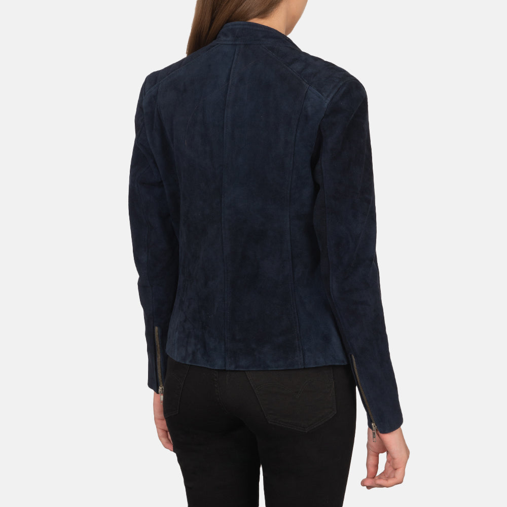 Kelsee Navy Blue Suede Biker Jacket - women's jacket in navy blue suede leather, view 5