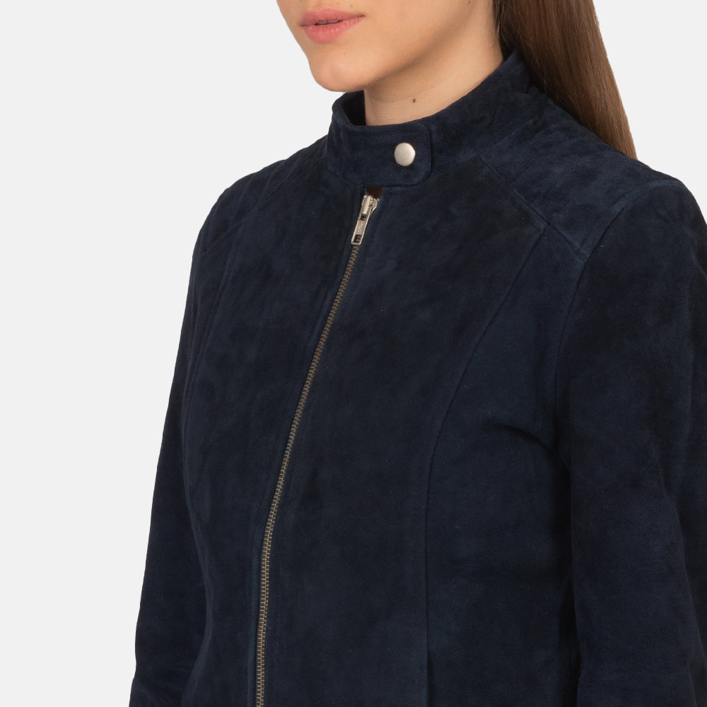 Kelsee Navy Blue Suede Biker Jacket - women's jacket in navy blue suede leather, view 6