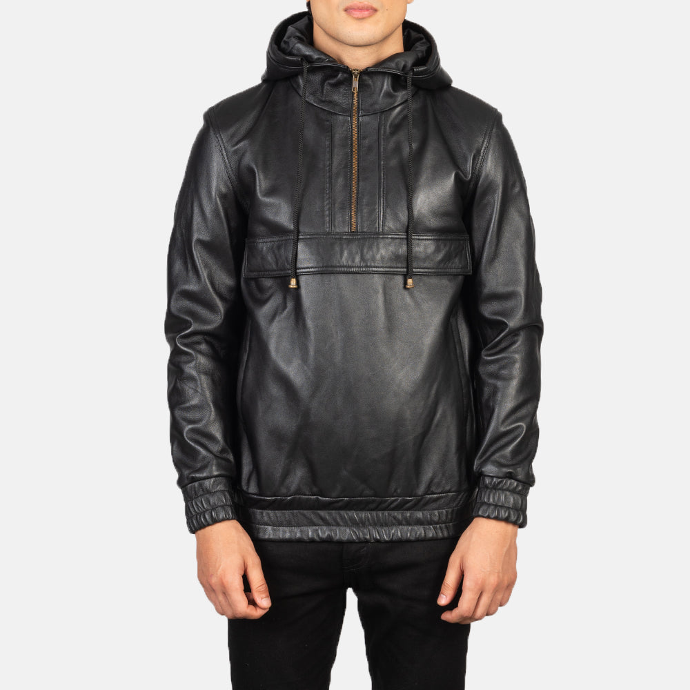 Kenton Hooded Black Leather Pullover Jacket - men's jacket in black sheepskin leather, view 1