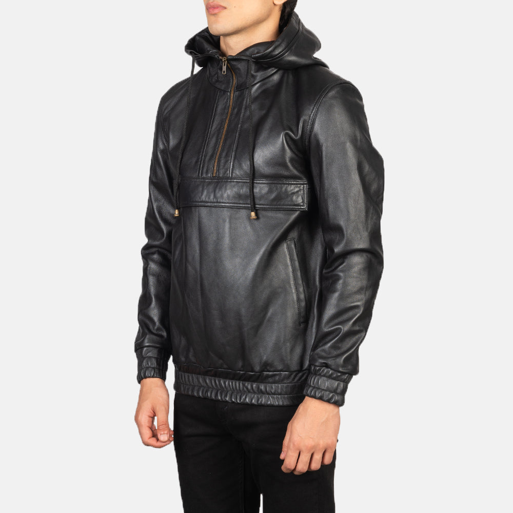 Kenton Hooded Black Leather Pullover Jacket - men's jacket in black sheepskin leather, view 2