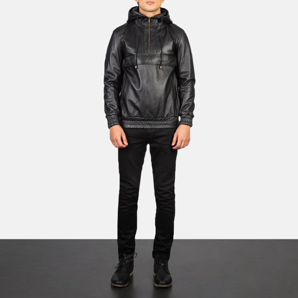 Kenton Hooded Black Leather Pullover Jacket - men's jacket in black sheepskin leather, view 3