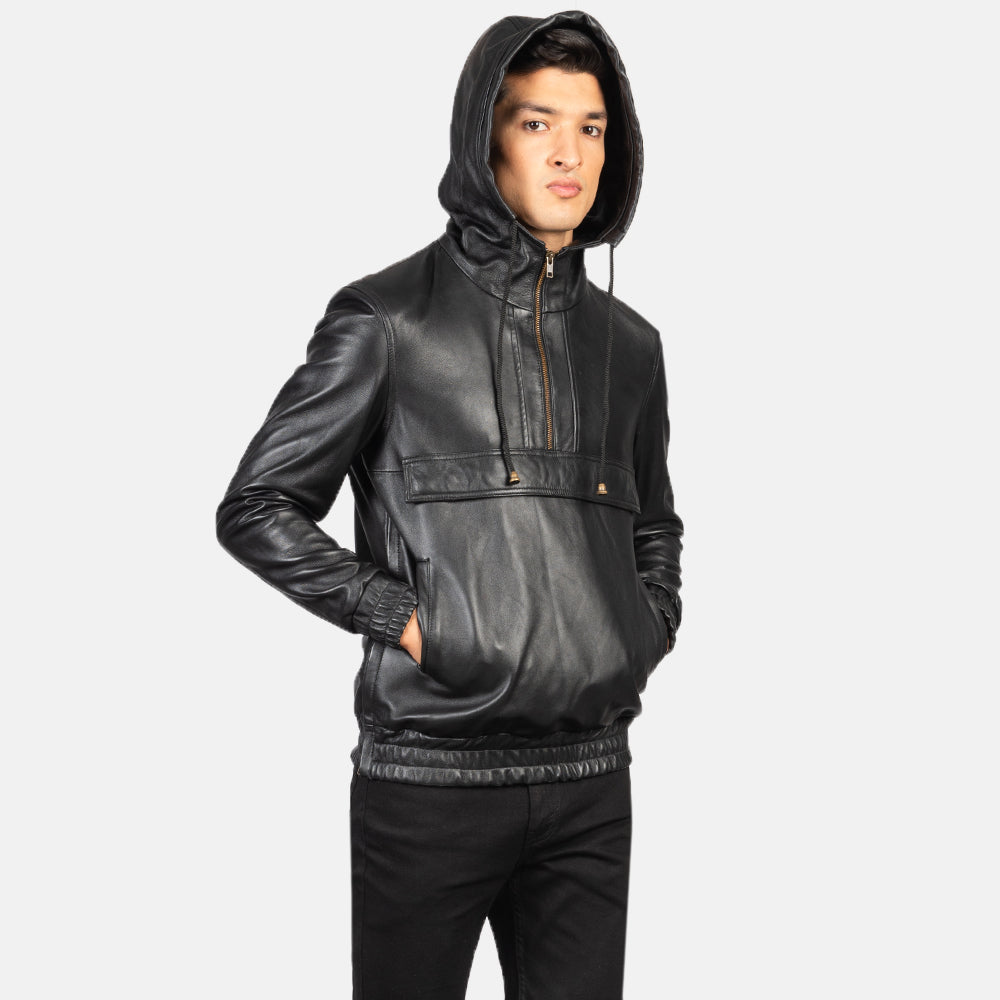 Kenton Hooded Black Leather Pullover Jacket - men's jacket in black sheepskin leather, view 4
